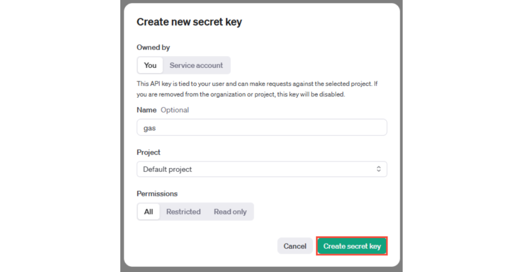 5.Name欄に自由に名前をいれて、他は既存の設定のまま「Create secret key」のボタンを押します。