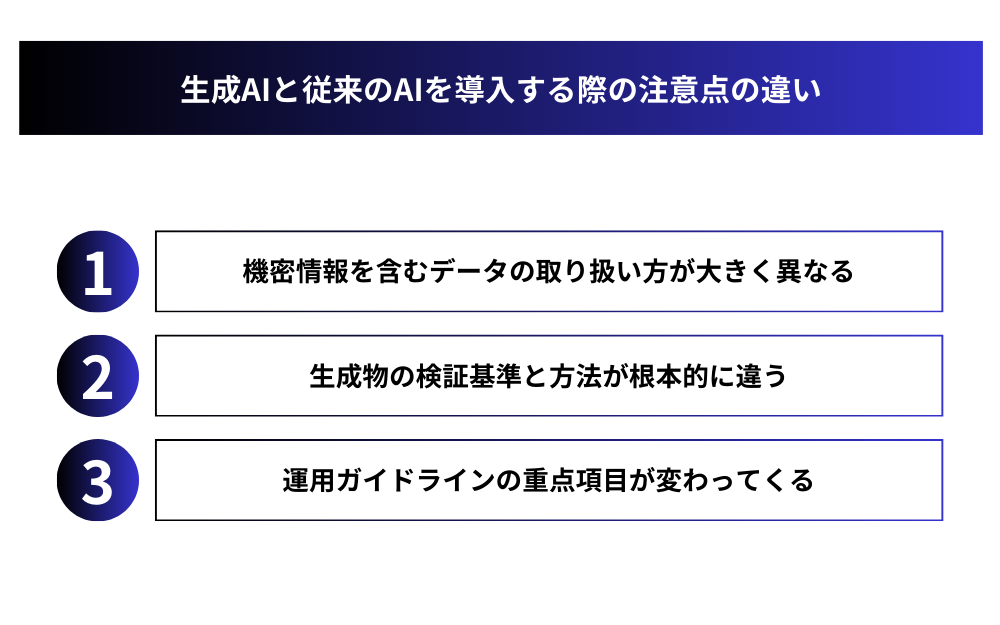 生成AIと従来のAIを導入する際の注意点の違い