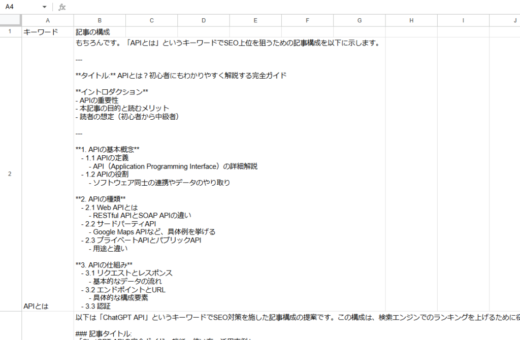 3.A列のキーワード「APIとは」というキーワードに対して、B列に記事の構成が反映されています。