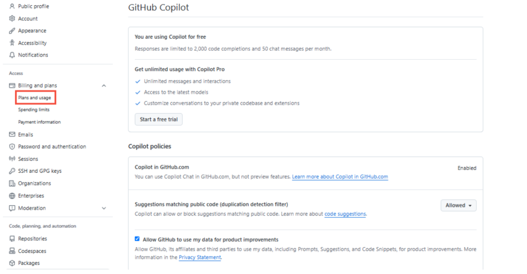 キャンセルしたい場合は、GitHubの管理画面から「Billing and plans」→「Plans and usage」をクリックしましょう。