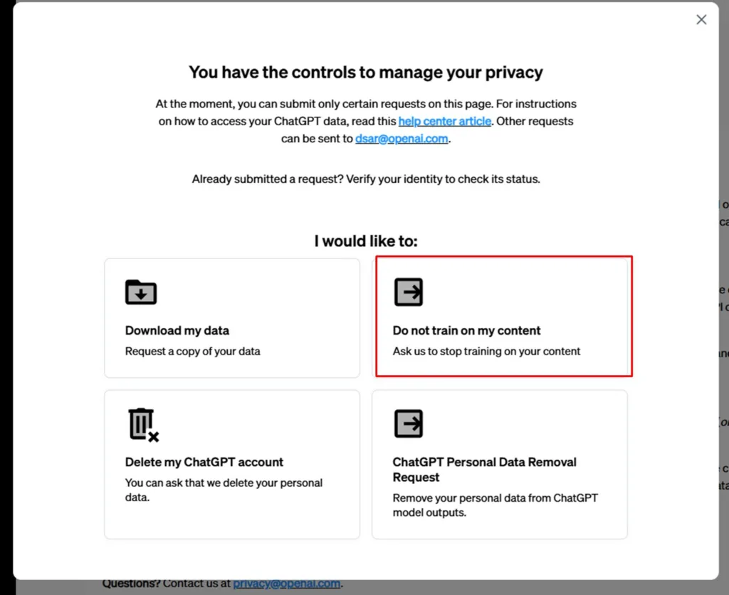 「Do not train on my content」を選択します。